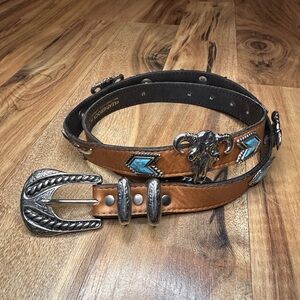 Leatherock Western Leather Belt Ram Skull Turquoise Inlay Brown Silver Buckle M